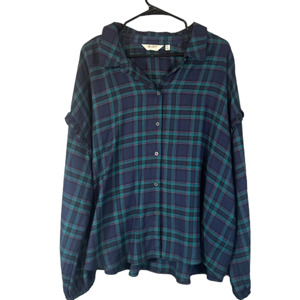 Candace Cameron Bure Green & Blue Plaid Button Down Shirt Women Sz XL